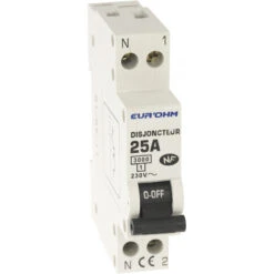 Disjoncteur 1P+N 25A NF, Cx Vis Haut/Bas 3kA Eur'ohm